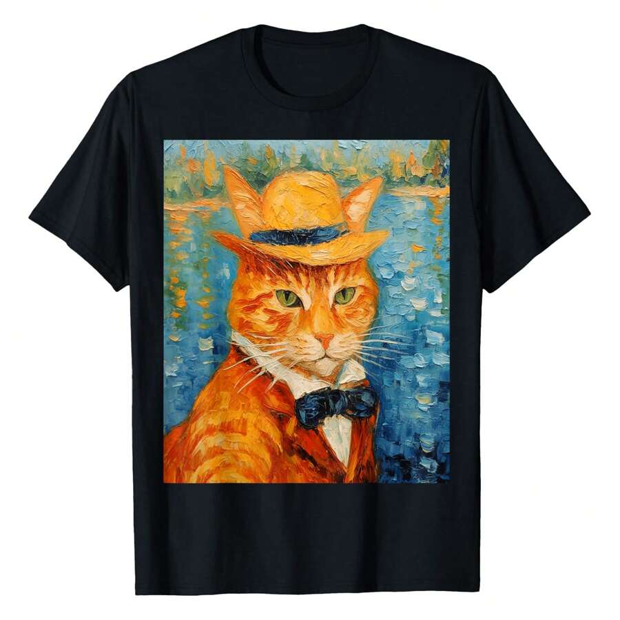 Funny Cat Art Painting Cat Lover Starry Night Cat Van Gogh T-Shirt, Women's Printed T-Shirt 220g, 100% Cotton, Round Neck Casual Women's Outdoor Short Sleeves, Vintage Fashion Classic Women's Short Sleeves, Daily Four Seasons Wear, Holiday Gifts