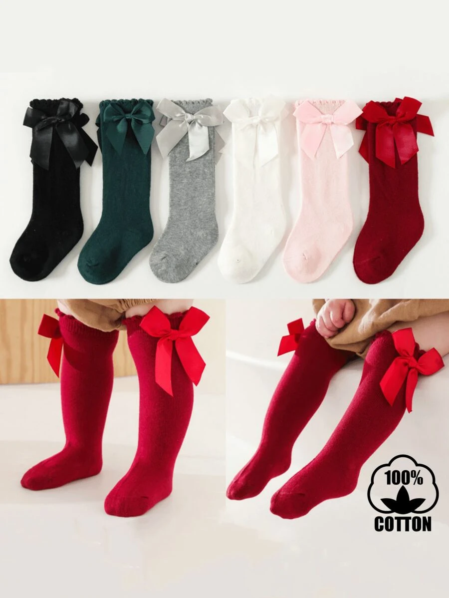 6 Pairs Girls & Toddler Girls' Bow Accent Solid Color Over-The-Knee Cotton Socks, School Style