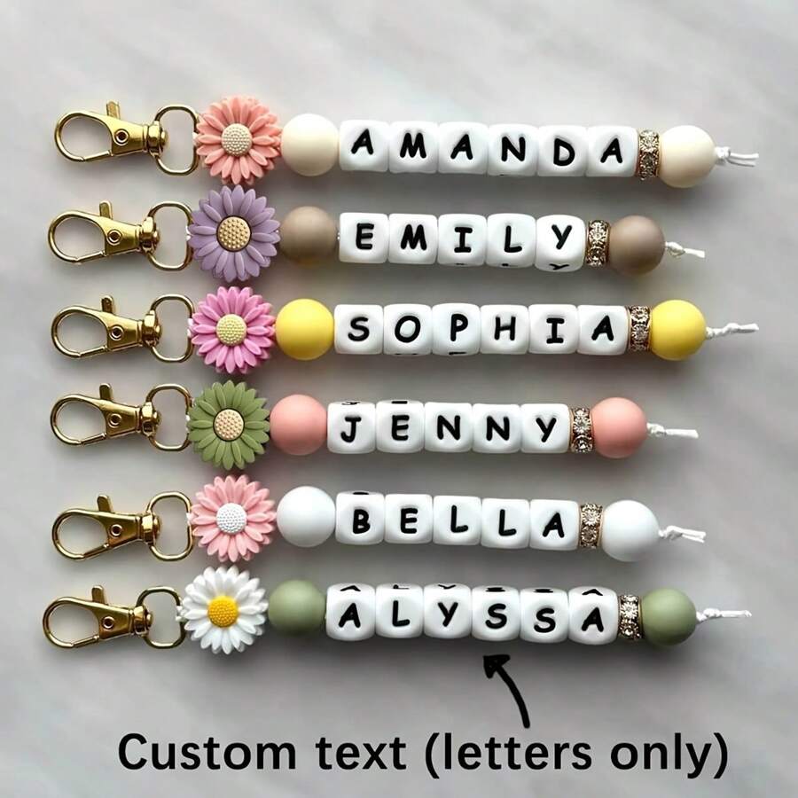 1 pièce Porte-clés en silicone personnalisé avec marguerite et prénom, porte-clés personnalisé avec prénom, style minimaliste, idéal pour la Saint-Valentin, les anniversaires et les cadeaux de mariage