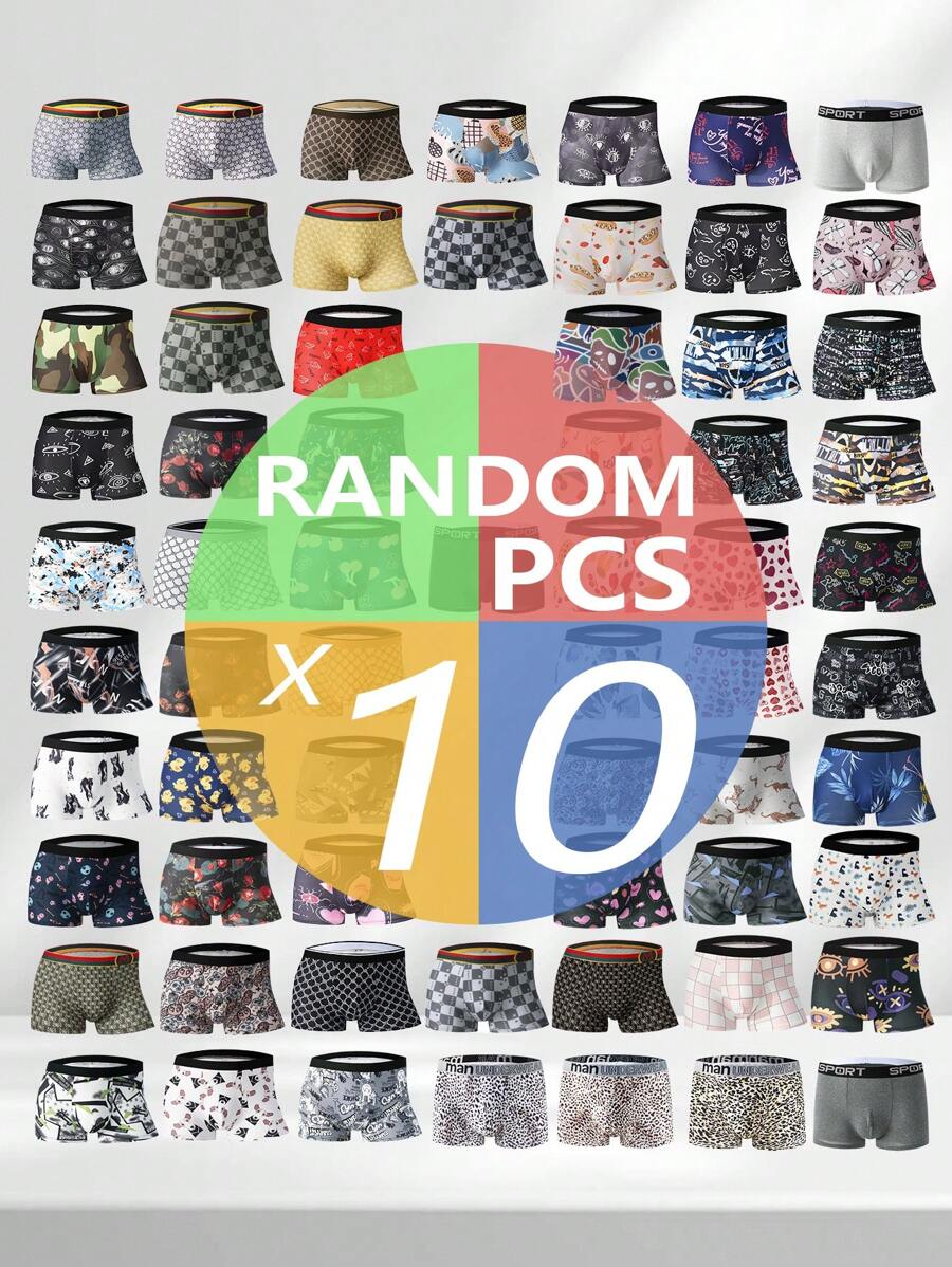 paquete de 10 calzoncillos tipo bóxer de media cintura para hombres, de seda de leche, transpirables, de ángulo plano, con patrones aleatorios, nueva cómoda de ropa interior