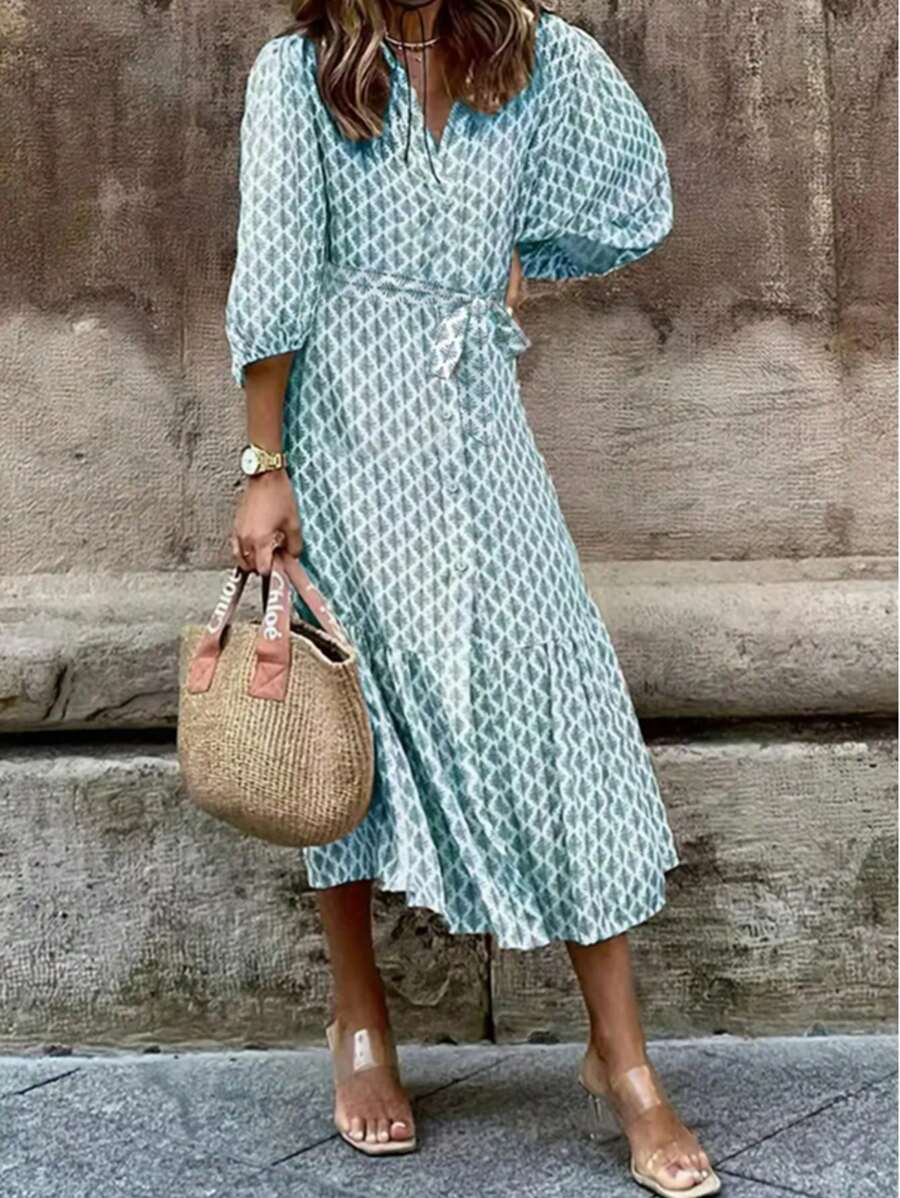 Vestido casual/de trabajo con estampado floral de 360 grados y cinturón para mujeres