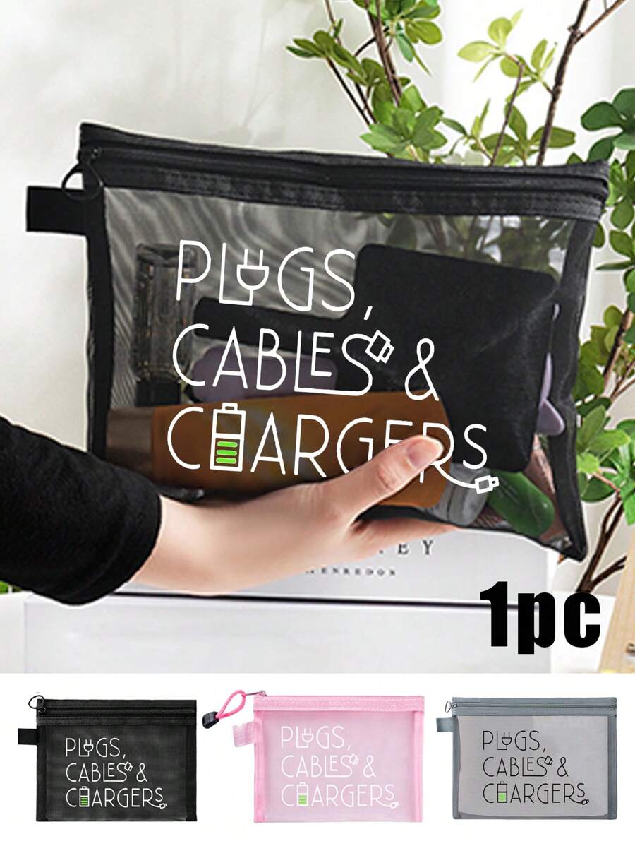 Hollow Mesh Cosmetic Bag With Data Cable Pattern, Charger Gold Letter Pattern Design, Red Air Cushion Storage Handbag, Cosmetic Bag, Skin Care Bag, Travel Essentials, Dormitory Supplies, Wedding Bridal Gifts, Mother Gifts, Birthday Gifts, Gifts For Friends And Teachers, Bathroom Storage, Jewelry Storage, Lip Oil And Cosmetics Storage Bag