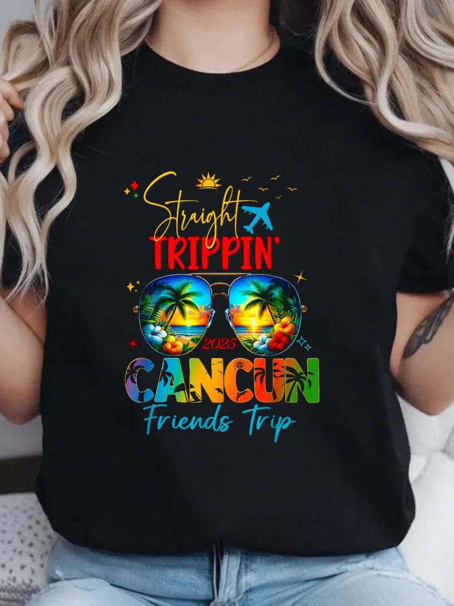 100% Cotton Cancun Mexico Riviera Maya 2025 Matching Group Family Trip T-Shirt Print Round Neck Short Sleeve T-Shirt For Women Casual, Summer, Women Top Graphic Tees Women Tops