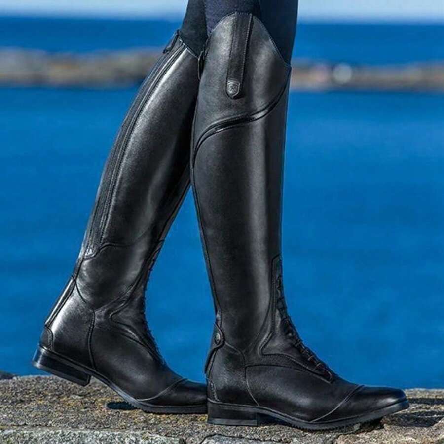 Botas de caballero por encima de la rodilla de moda de otoño e invierno botas de montar de tacón bajo con punta redonda retro