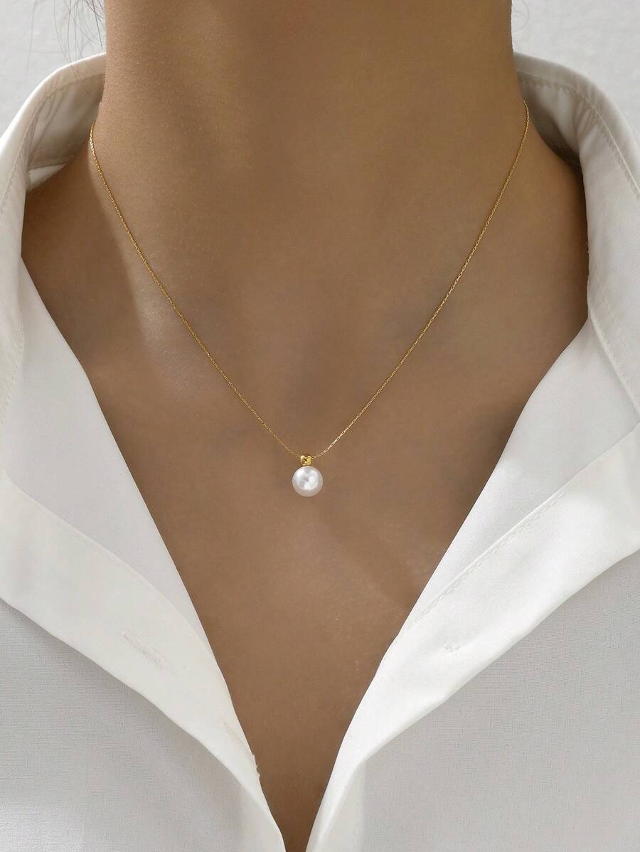 1pc Fashionable Minimalist Pearl Stainless Steel Gold Necklace, Jewelry Gift For Her, Everyday Wear