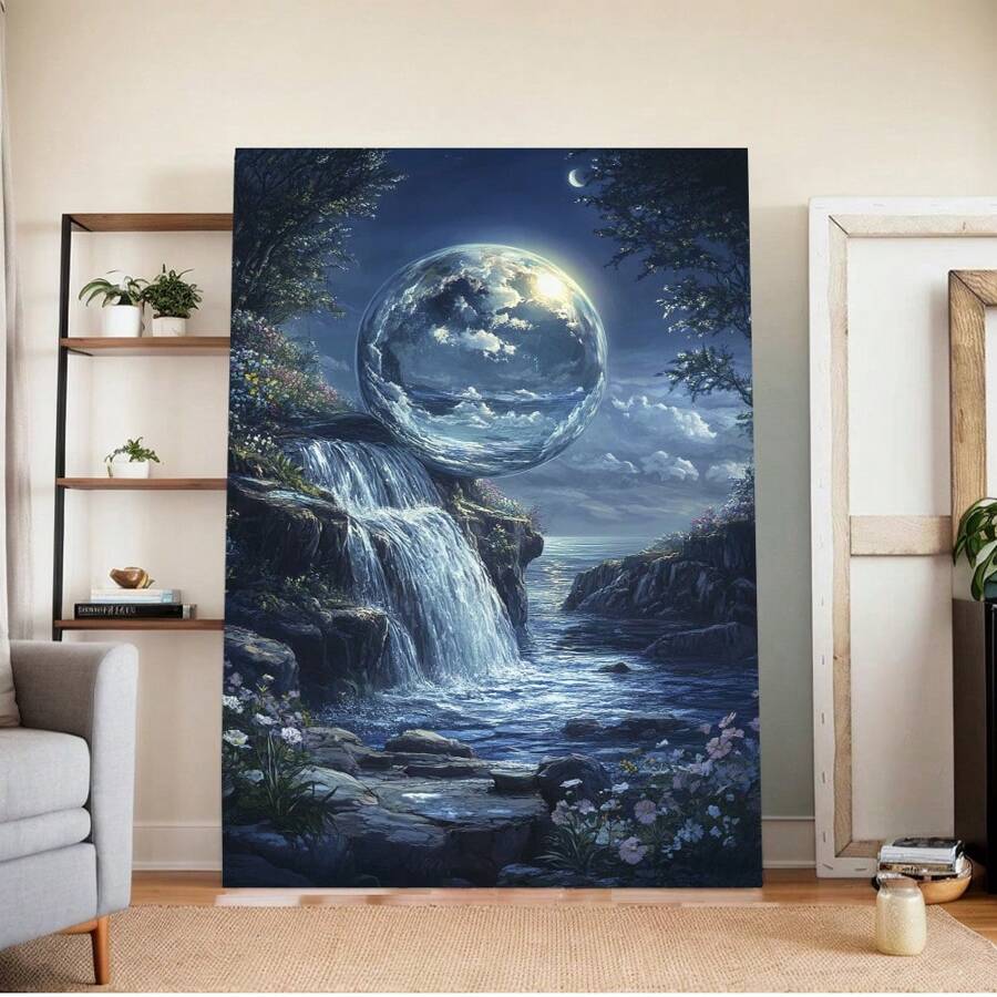 Framed Moonlight Waterfall Canvas Print, Magical Nature Scene With Crystal Ball, Fantasy Landscape With Ocean And Flowers, Home Decor