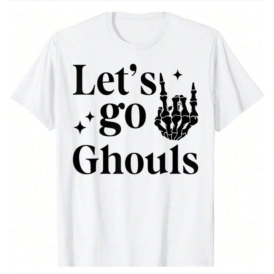 Camiseta de Halloween gótica con diseño de mano de esqueleto "Let's Go Ghouls" para despedida de soltera, camiseta de manga corta holgada de algodón pesado, con estampado gráfico, para mujer, top casual de manga corta