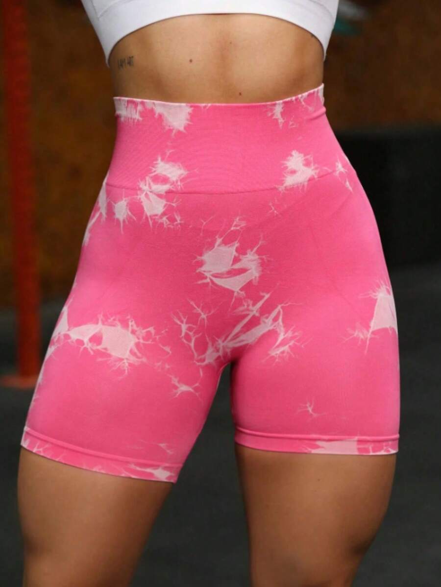 Short Legging Esportiva Academia Yoga Trendy Tie dye Amassada Levanta Bumbum Sem Costura Cintura