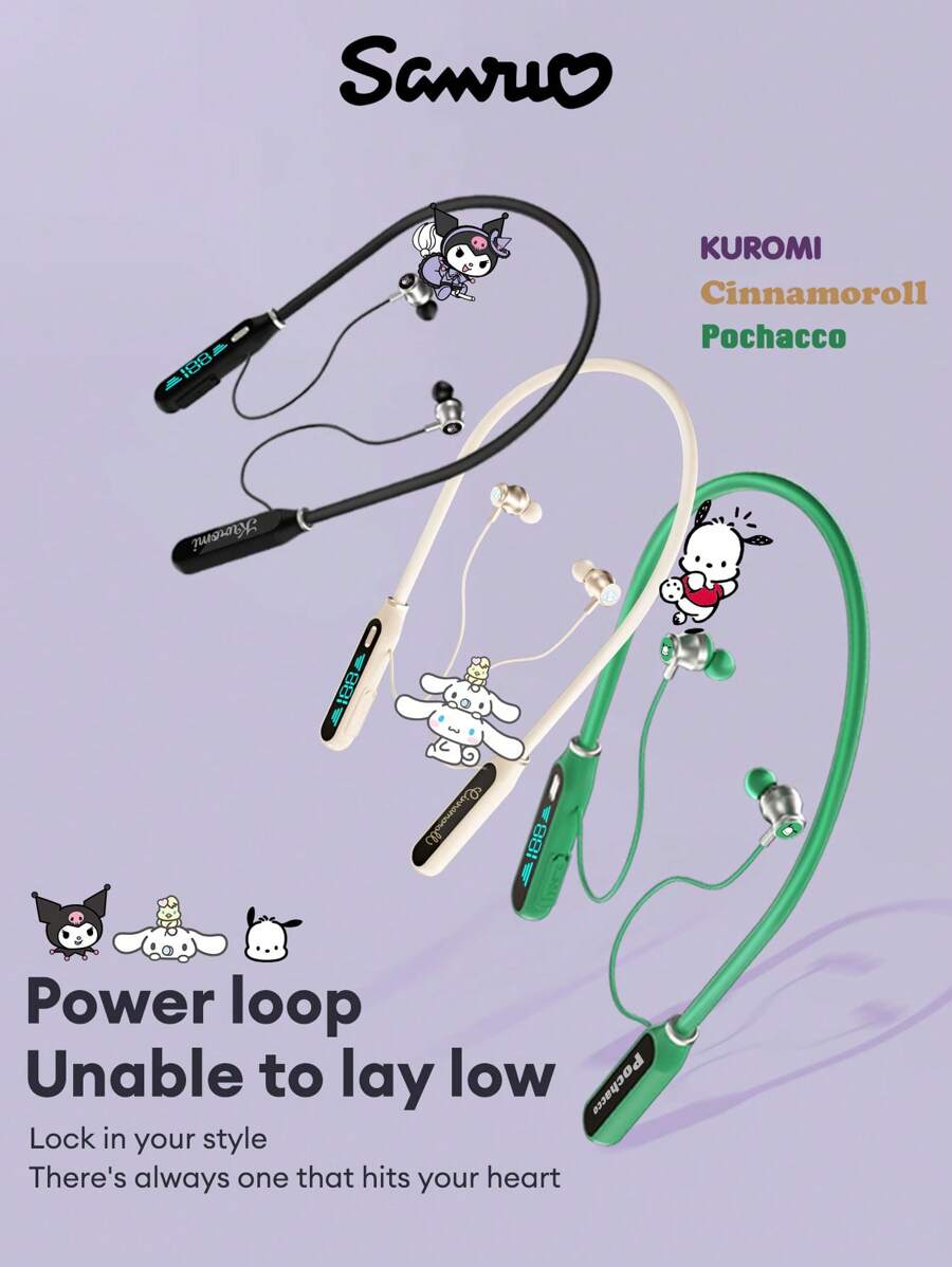 Sanrio Hello Kitty KUROMI JJ-B1 Bluetooth Headphones Wireless Neckband In-Ear Sports Waterproof Sweatproof 3D HiFi Sound Quality Long Battery Life LED Display Power Noise-Proof Neck-Hanging Wireless Earbuds Compatible With Smartphones & Computers