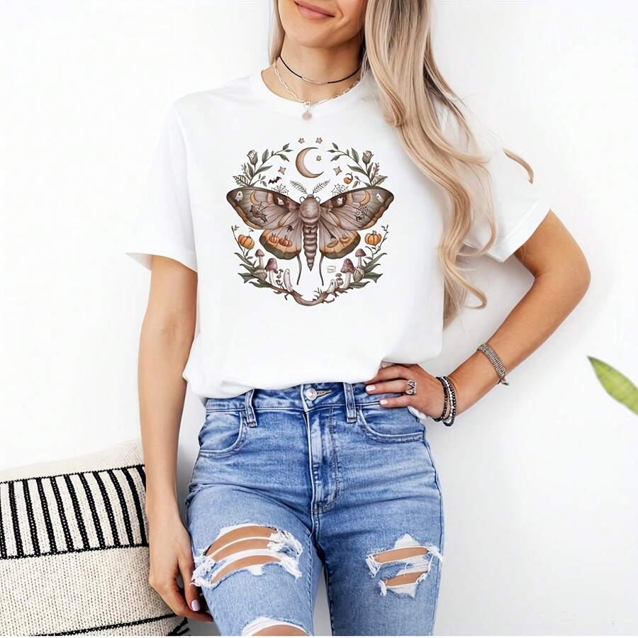 Retro Halloween Shirts, Spooky Moth T-Shirts, Halloween Mystical Tee, Celestial Cottagecore Shirt, Boho Witch Tees