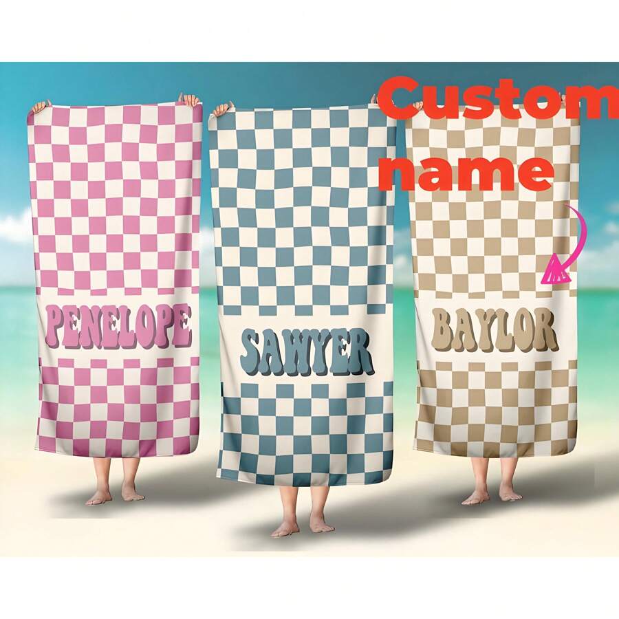 Custom Personalized Beach Towel Checkered Retro Custom Beach Towel Kids Pool Name Towel,Women Valentine Gift Birthday Boyfriend Girlfriend,Multi-Functional, ,Ornamental,Reusable,Breathable,Adorable,High-Quality,Cute,Soft,Custom,Personalized,Unique,Ideal Gifts For Him,Ideal Gifts For Her,Her,Girlfriend,Family,Friends,Son,School Students,Workers,Kids,Dining Room,Bathroom,Living Room,Bedroom,Office,Tea Room,School,Home Summer Holiday Bathroom Decor