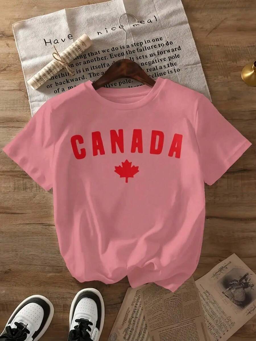 Letter Printed T-Shirt, Short Sleeved Round Neck Summer And Spring Casual Top, Women's Top