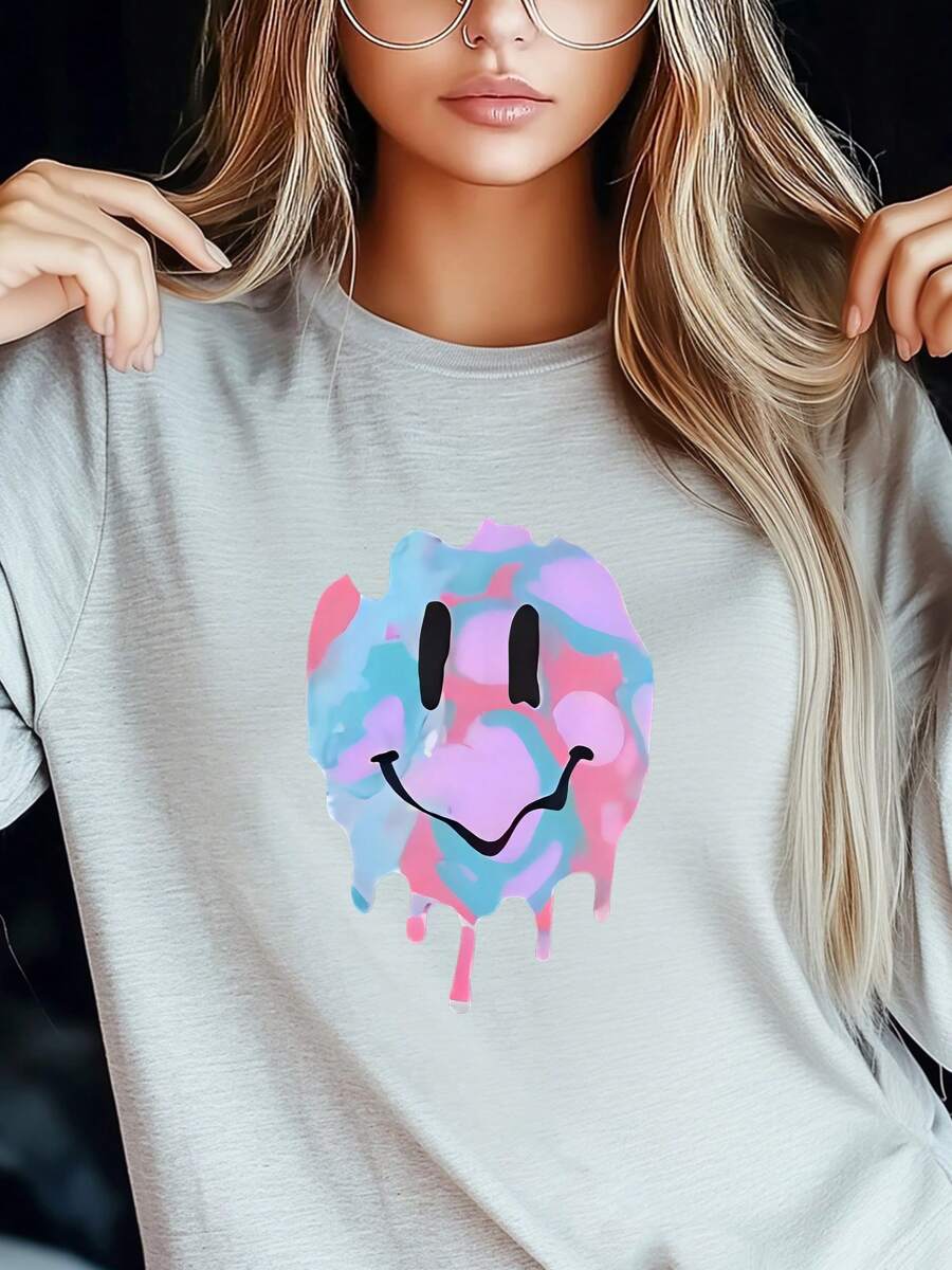 Women's Plus Size T-Shirt Vibrant Flower Smiling Face Print Fashion Long Sleeve Round-Neck Loose Fit Tee Casual Streetwear