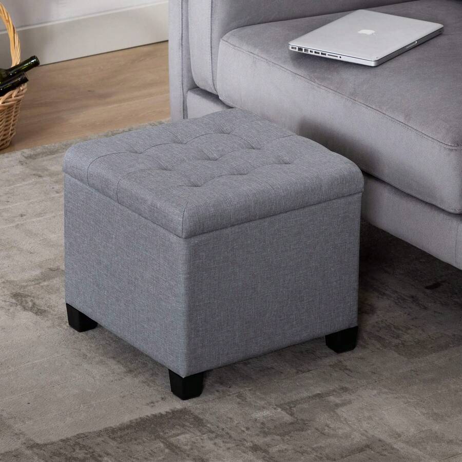 Ottoman Cube en Lin avec Coffre de Rangement, Pouf, Tabouret, avec siège/Couvercle rembourré Amovible, pour Salon, Coiffeuse, Chambre, Entrée - 45 x 45 x 41 cm - Gris Argenté