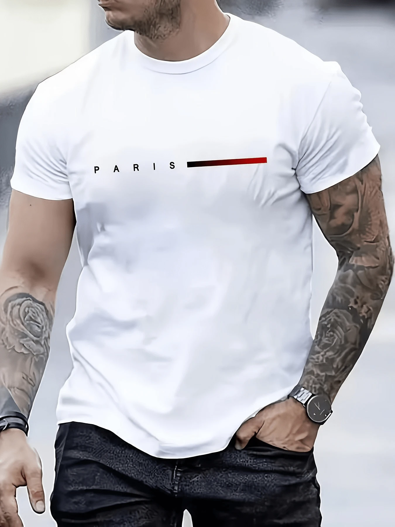 Men's Outdoor Sports Vital Single Line Paris Design Short Sleeve T-Shirt, Fashionable Casual Versatile For Hiking, Fishing, Daily Wear, Spring/Summer