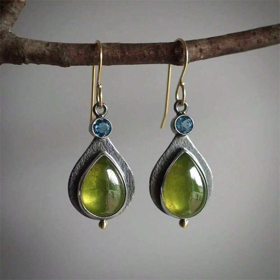 1 Pair Bohemian Style Faux Vintage Green Cubic Zirconia Drop Earrings - Suitable For Weddings And Casual Wear