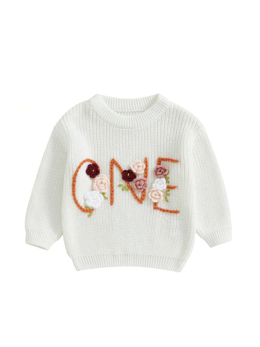 Baby Girl Birthday Sweater Floral Letter Embroidery Long Sleeve Round Neck Knitwear Pullover