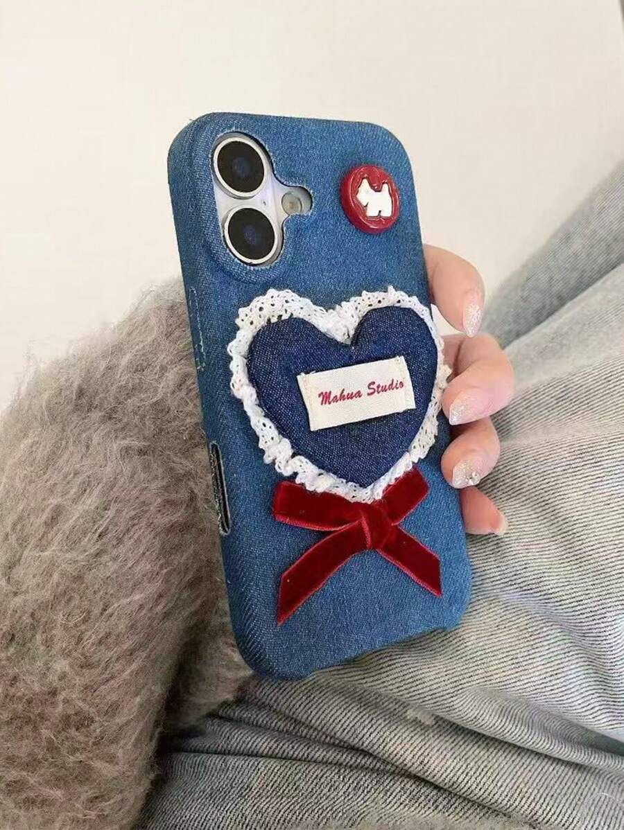 Nouveau étui de téléphone en TPU de luxe antichoc avec motif minimaliste à nœud en forme de cœur 3D en denim bleu offrant une protection intégrale, compatible avec les iPhone 13/14/15/16/Pro Max