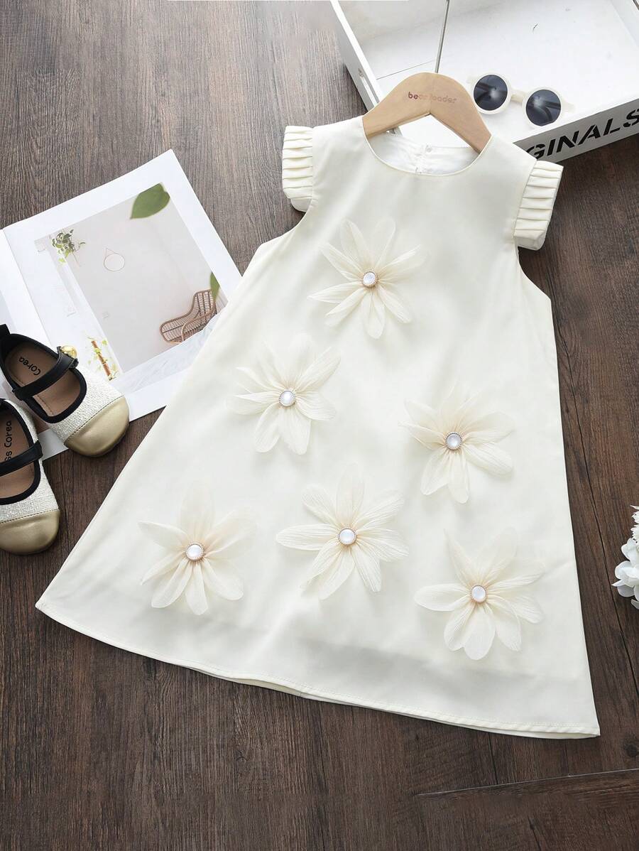 Young Girls Stylish 3D Flower Accent Crew Neck Sleeveless Dress For Summer