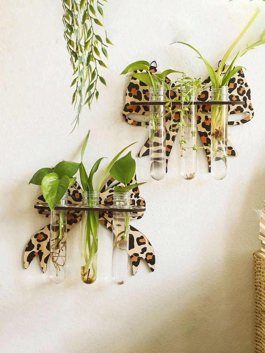1pc Bohemian Wooden Leopard Bow-Knot Plant Wall Shelf, Minimalist Home Bed Room Decor Room Decor