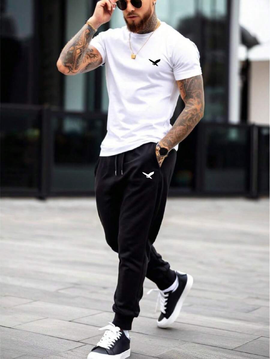 Men's Eagle Print Casual Daily Short Sleeve T-Shirt & Pants 2 Pieces Set