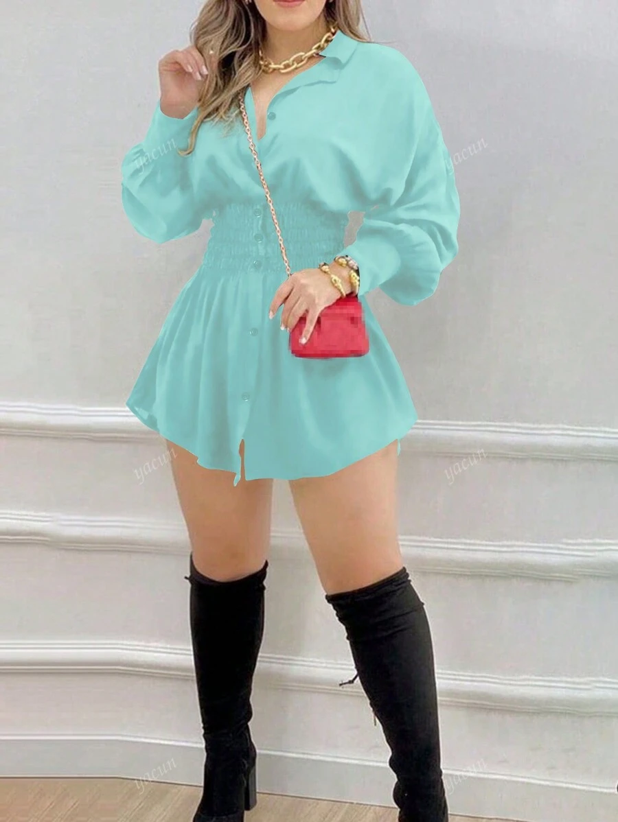 Vestido de camisa de manga larga con cintura ceñida y plisado, unicolor elegante, adecuado para la oficina y el diario, primavera/verano