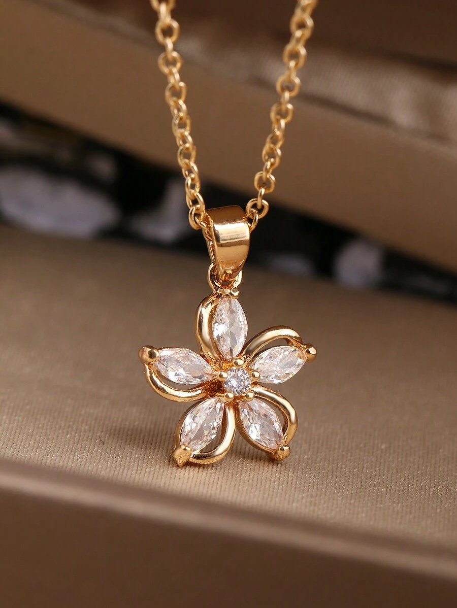 1 Piece Fashion Flower Necklace Shine Zirconia Pendant For Girls Women Gold Color Stainless Steel Chain Jewelry Party Gifts