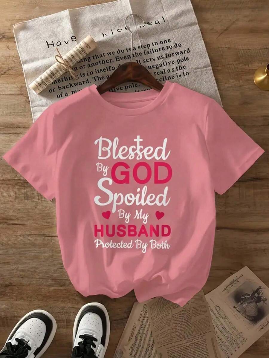 Letter Printed T-Shirt, Short Sleeved Round Neck Summer And Spring Casual Top, Women's Top