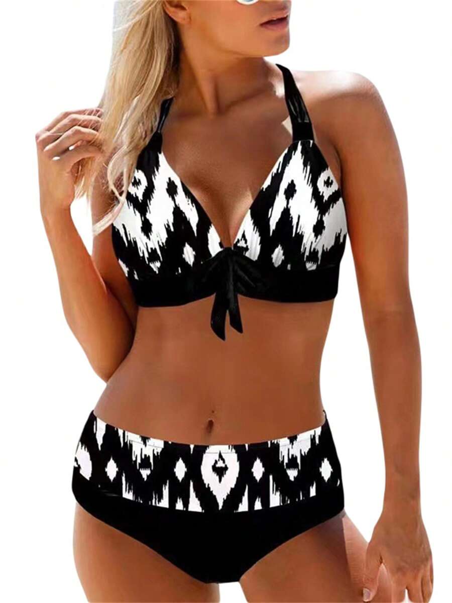 Women's Summer Swimsuit 2 Pcs Set, Big Dot Print V-Neck Bra + Middle Waist Shorts Beachwear