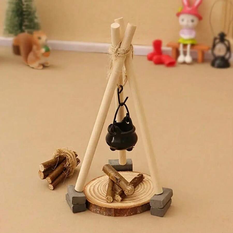 12 pièces - Décoration de chambre 12 pièces Set miniature de feu de camp et théière en bois, matériau en bois, style moderne, thème fantaisiste, convient pour la décoration intérieure et extérieure de la mini-maison
