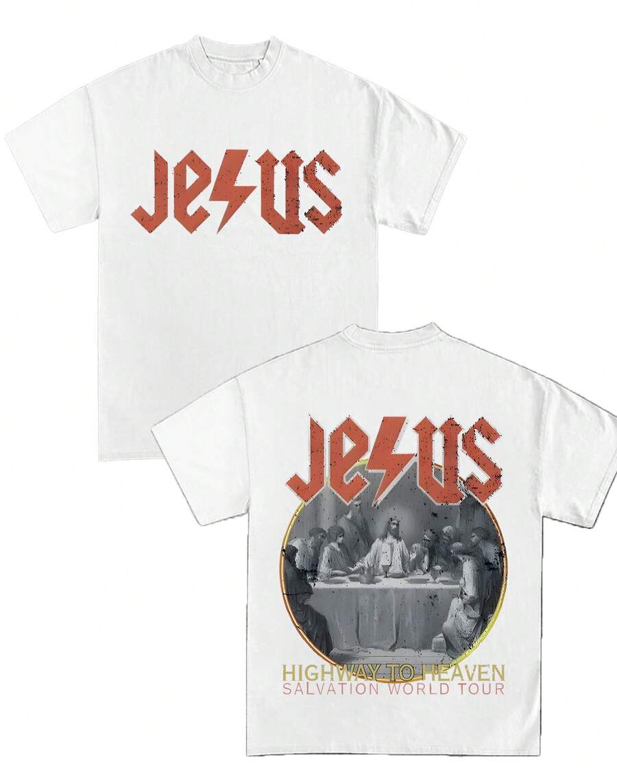 A Double-Sided Printed T-Shirt With A Weight Of 180g And 100% Pure Cotton Short Sleeves, Titled 'Highway To Heaven Christian T-Shirt'. Retro Hip-Hop Style, Street Y2K Printed Short Sleeved Top, Sports T-Shirt. Suitable For Spring Valentine's Day, Summer St. Patrick's Day Gift Selection, New Year Party Gifts, And Must-Have Gifts For The Start Of School Season. Neutral Casual Round Neck T-Shirt.