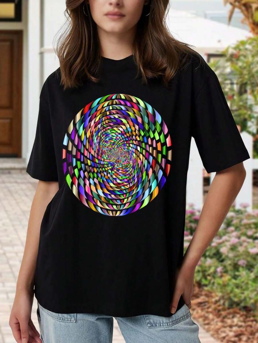 3D Vortex Print Women T-Women's Shirt - Casual Crew Neck Short Sleeve Oversized Women's Tee With Geometric Pattern