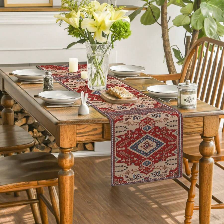 1Pc Geometrische Linnen Tafelloper Rood Boheemse Stijl Geometrisch Marokkaans Geometrisch Tapijt Patroon Patroon Boerderij Tafelloper Wasbaar Buiten Binnen Feest Keuken Thuis Eettafel Middelpunt Woonkamer Ronde Tafel Koffietafel Diner Rechthoekige Tafel Restaurant Decoratie