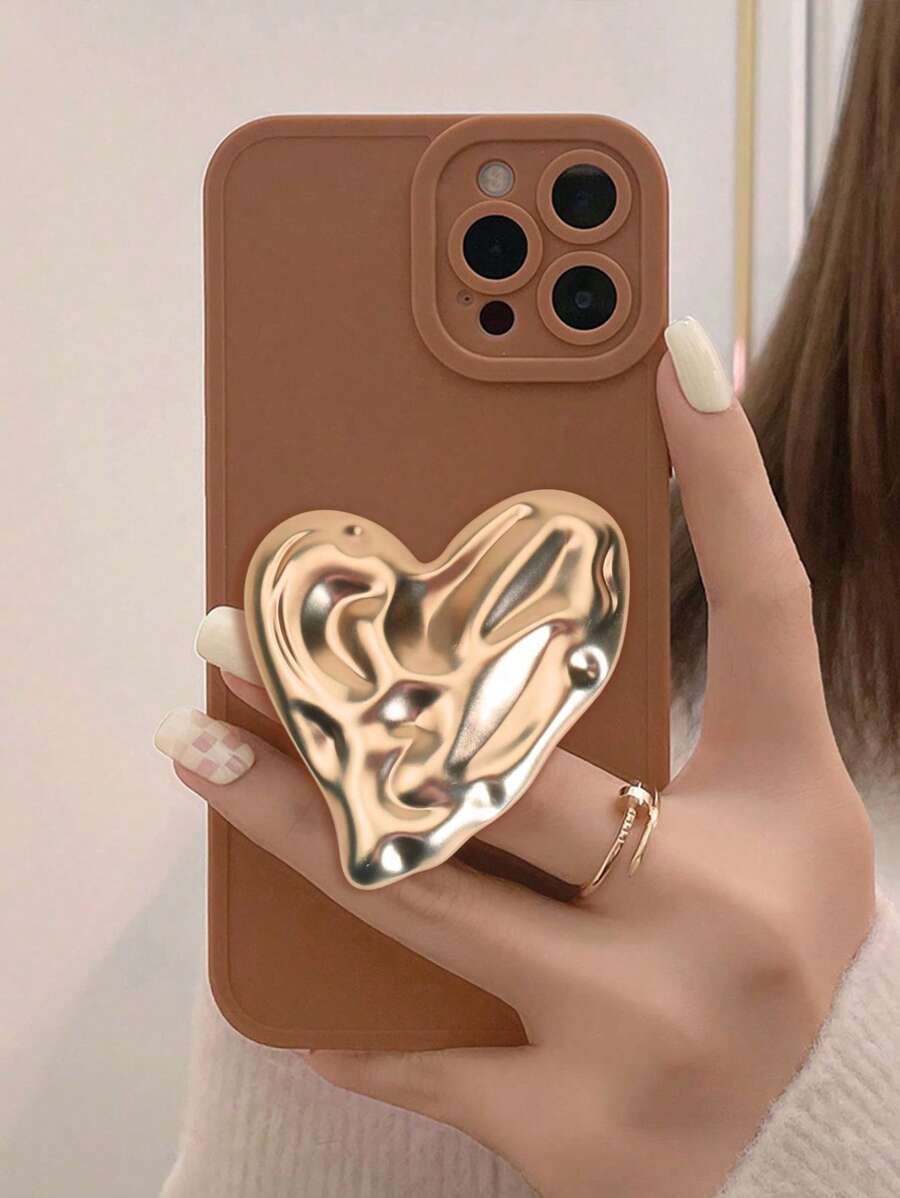 1 pieza Soporte de teléfono de metal con diseño asimétrico y patrón de corazón y onda, compatible con varios estuches de teléfono y para , teléfonos Android, regalo para cumpleaños, familia y amigos, agarre de teléfono de empuje y tracción, accesorios para teléfono