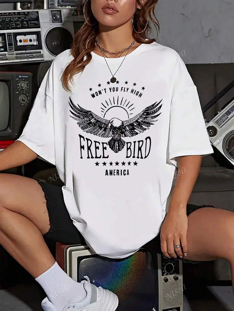 Koszulka z nadrukiem Fashion Free Bird Eagle Graphic T-Shirt - Plus-Size damska koszulka z okrągłym dekoltem i krótkim rękawem w jednolitym kolorze