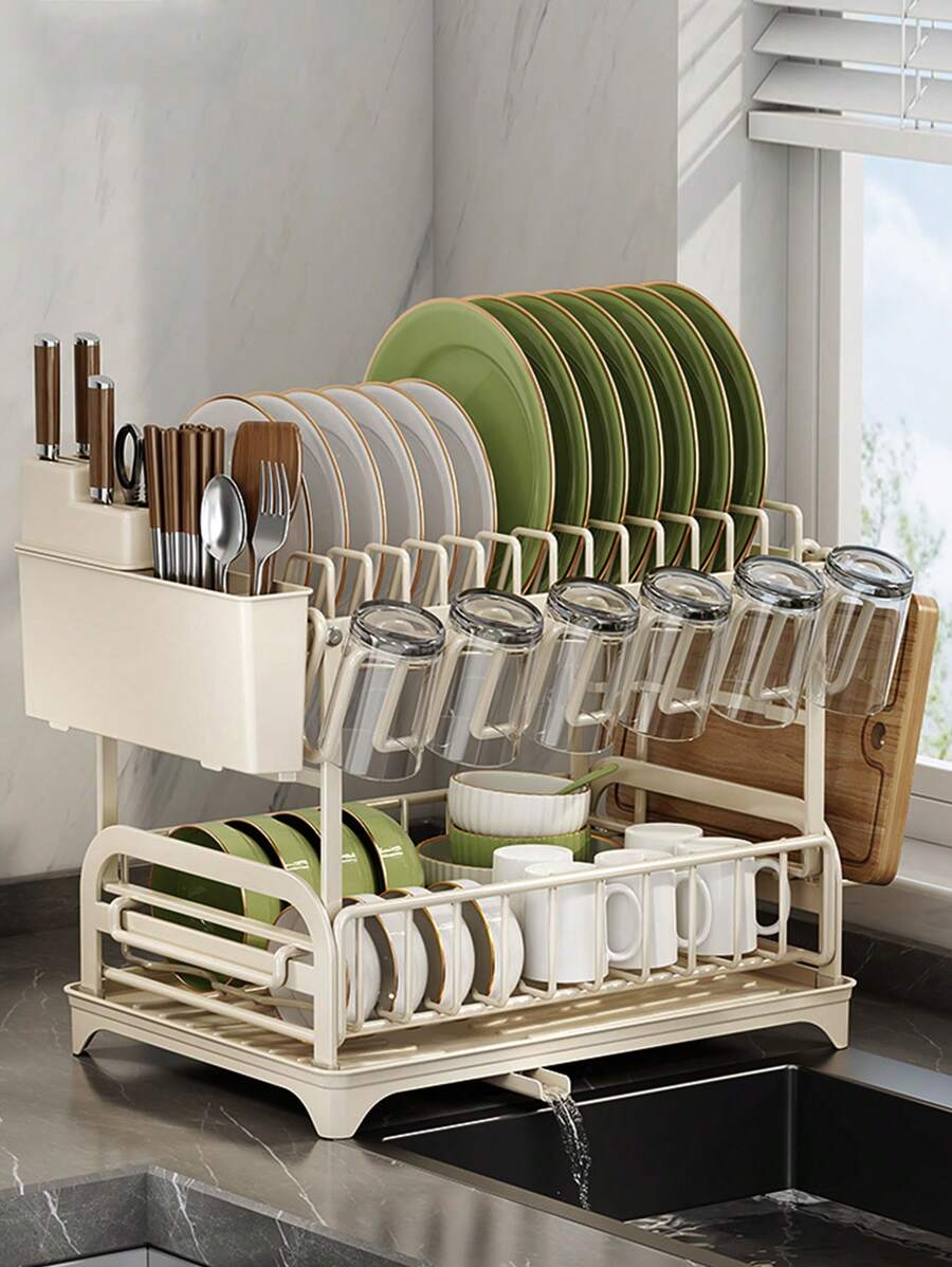 1pc Dish Drying Rack, A Two-Tier Dish Rack Featuring A Drainboard, Multifunctional Dish Drainer, Includes A Cutting Board Holder, Utensil Holder, And Cup Holder,