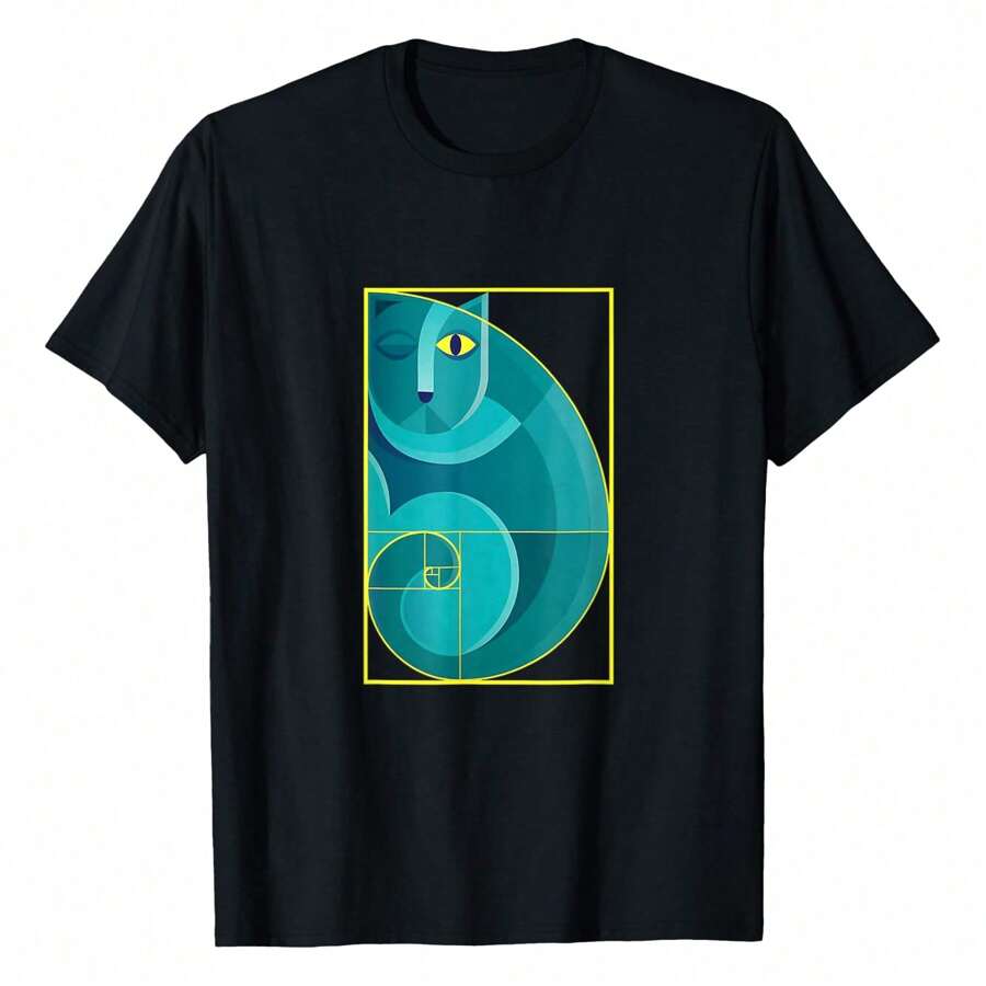 Funny Abstract Cat Sitting In Fibonacci Golden Spiral T-Shirt Men's Cotton Short Sleeve T-Shirt, Perfect For Summer Adventures, 100% Soft Fabric, Ideal For Sports, Work, And Relaxation