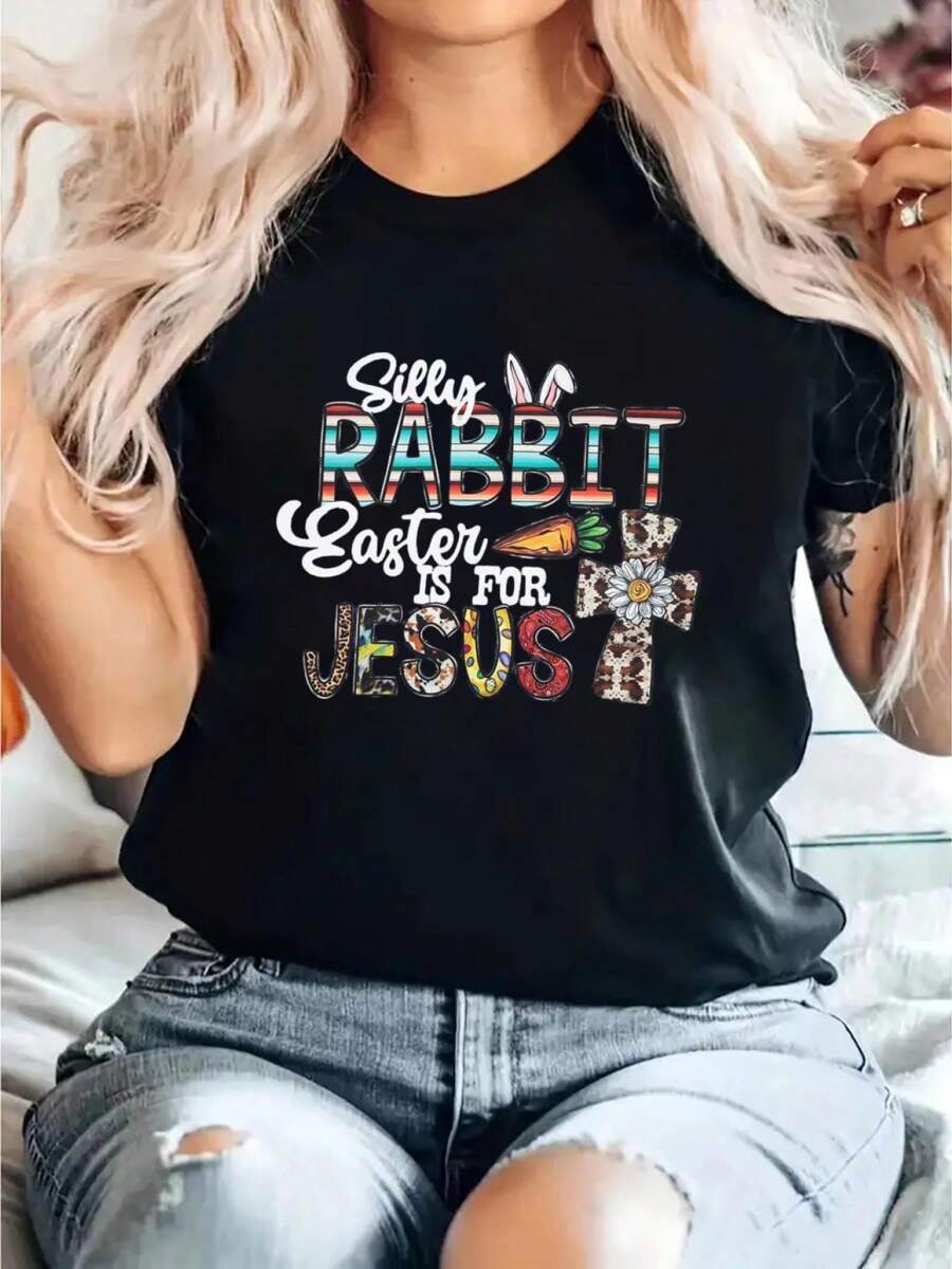 FLOYU Women Silly Rabbit Easter Is For Jesus Shirt Christian Easter Shirts Easter Bunny Tee Happy Easter Day T-Shirt Top Print Casual Cotton Short Sleeve T-Shirt Graphic Tees Women Tops