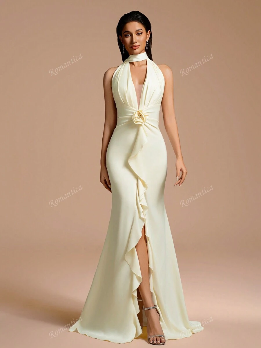 Vestido largo maxi elegante de unicolor con cuello en V profundo y abertura, con corbata de moño y volantes, detalle floral en la cintura, adecuado para ocasiones formales, bodas y fiestas