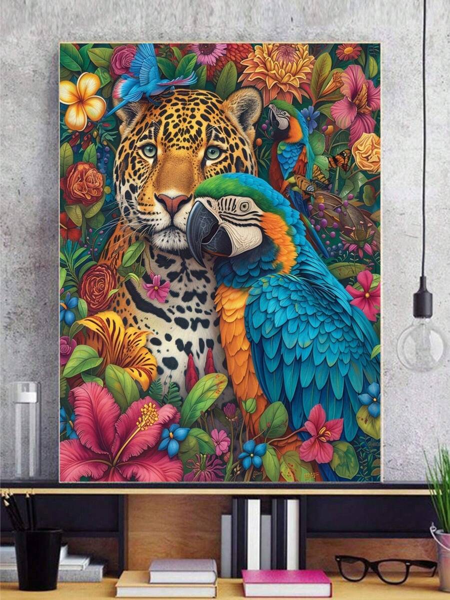 Kit de pintura de diamante 5D - Patrón de leopardo y loro, arte de diamante redondo adecuado para principiantes, decoración de pared del hogar DIY, regalo, diamantes acrílicos, 7.87x11.81 pulgadas