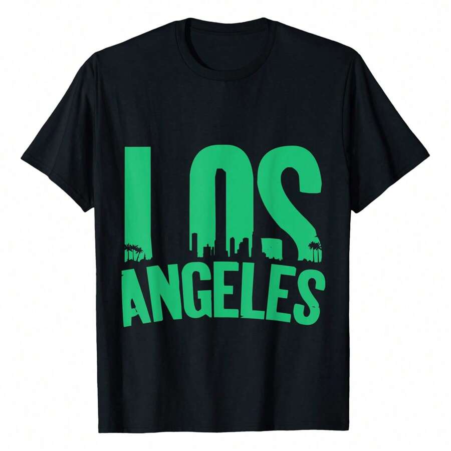 LOS ANGELES City Scapes Greens T-Shirt Men's Cotton Short Sleeve T-Shirt, Perfect For Summer Adventures, 100% Soft Fabric, Ideal For Sports, Work, And Relaxation