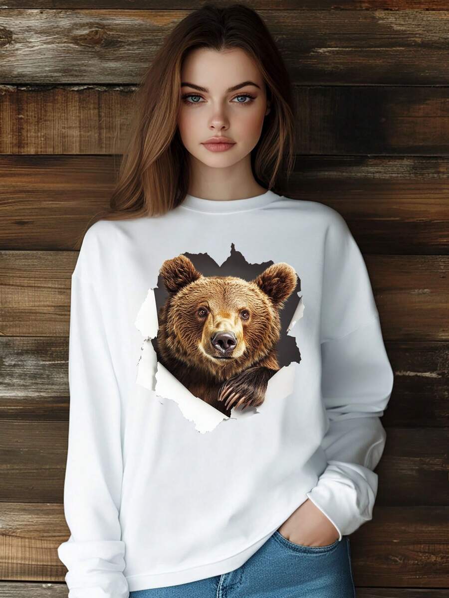 Women Bear Funny Retro Street T-Shirt Fashion Print Long Sleeve Round-Neck Loose Fit Tops Streetwear