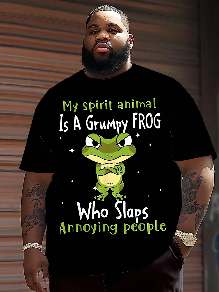 Plus Size Men's T-Shirt With Frog Design And "Don't Be Mean" Graphic Print, Made Of Polyester Knit Fabric, Casual Round Neck, Novelty Graphic Design