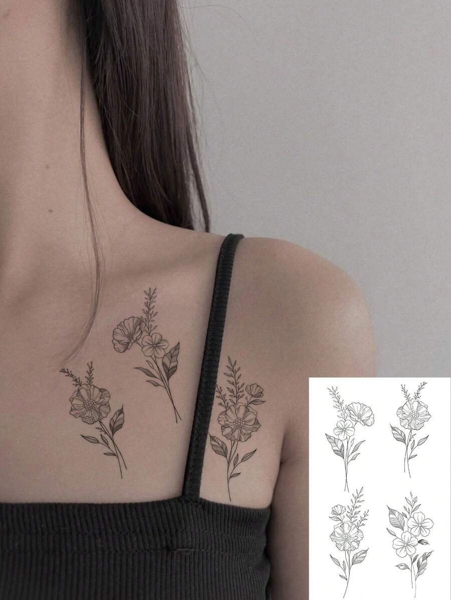1pc Black Floral Bouquet Collar Bone Temporary Tattoo Sticker, Minimalist Botanic Design, Waterproof, Realistic, Stylish Tattoo Decals Suitable For People