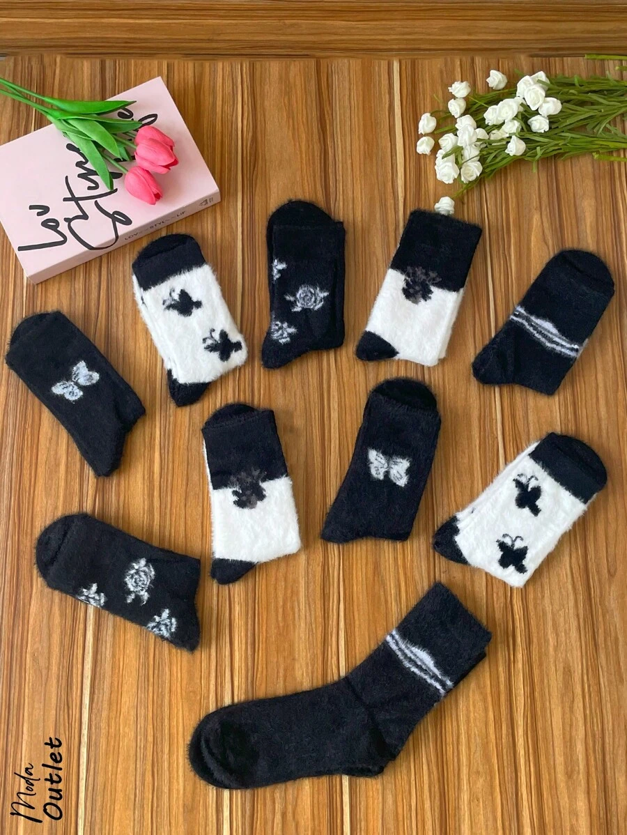 10 Pares de calcetines afelpados para dama, multicolor, con hermosos diseños y estampados, casuales, tela de algodón, poliamida y elastano, aptas para temporadas de otoño e invierno, ajuste de tubo alto con resorte ligero, muy suaves, ligeras, cálidas y cómodas.