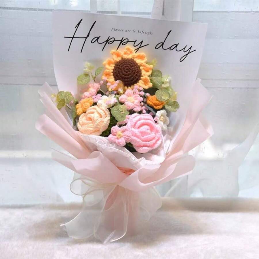 Nieuw handgemaakt garen gebreid boeket, imitatie bloemen cadeau voor Moederdag, Internationale Vrouwendag, verjaardag, huwelijksverjaardag, volwassen cadeau, kinderen