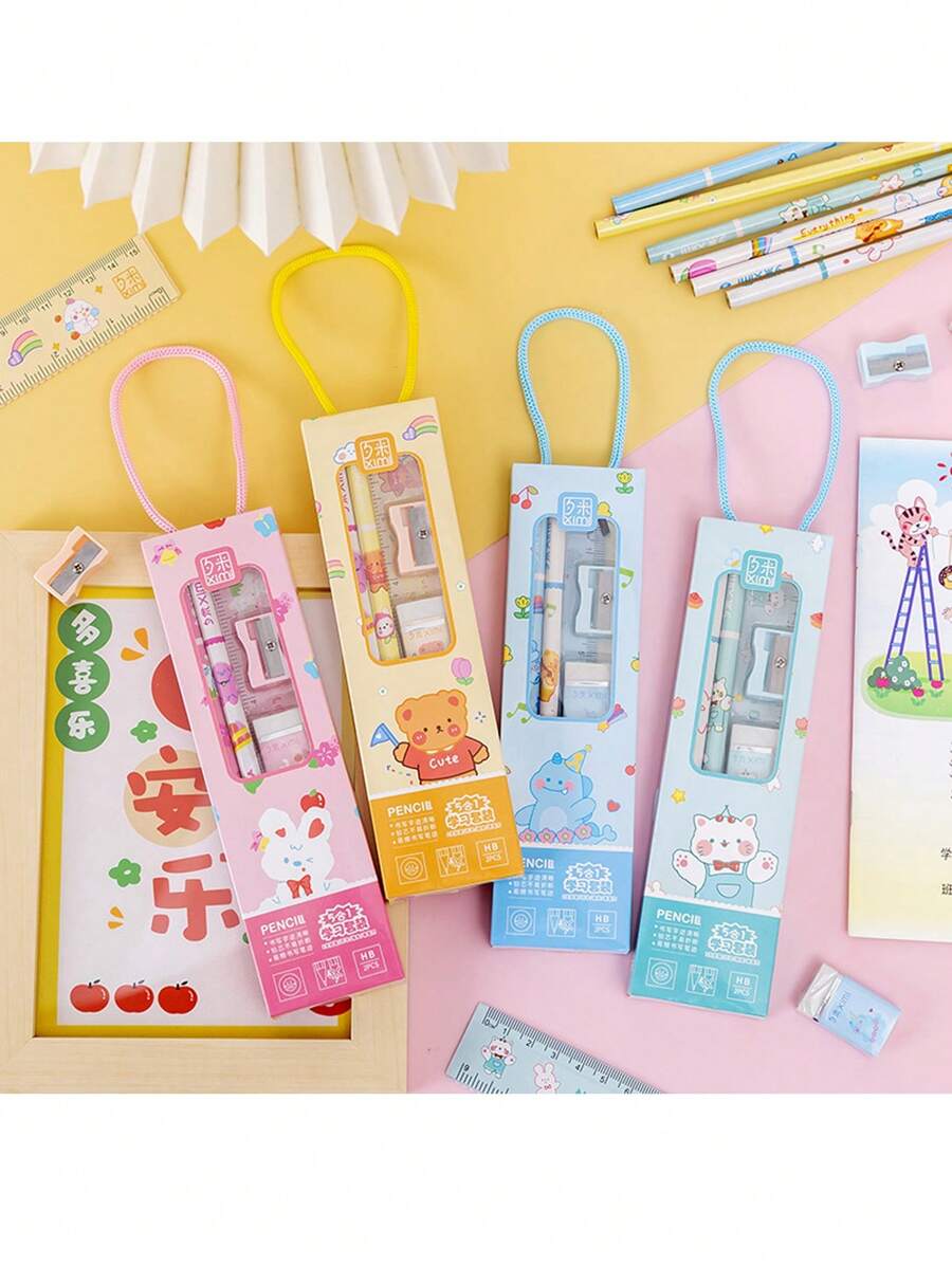 1set Cartoon Stationery Set, (Pencil, Eraser, Ruler, Pencil Sharpener), Portable School Supplies, Gifts, Giveaways Ruler, Pencil Sharpener, Cute Packaging, 5-In-1 Handheld Design, Back To School,Perfect For School, Student Rewards, Party Favors