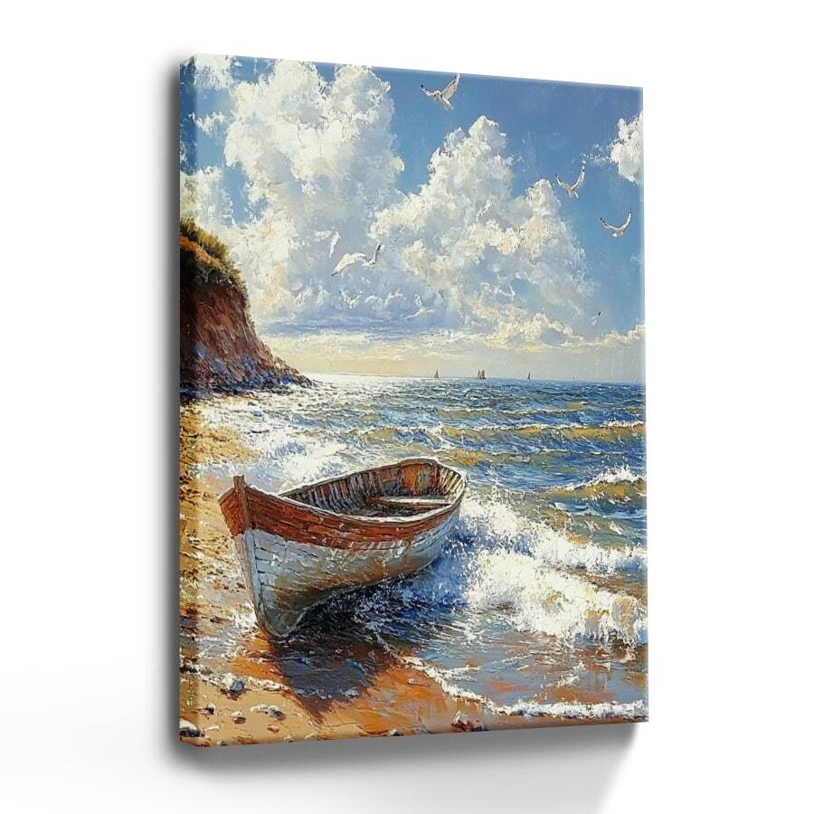 Wrapped Framed Canvas Vintage Wall Art Print Serene Beachscape With Boat - Artful Home Decor For Living Room, Bedroom, Bathroom, Office