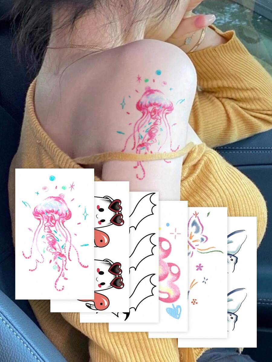 1pc/6pcs Temporary Tattoo Stickers, Butterfly, Heart, Jellyfish, Bat Designs, Fashion For Men & Women, Waterproof & Sweat-Proof, Disposable Use Fake Tattoo For Arm, Waist