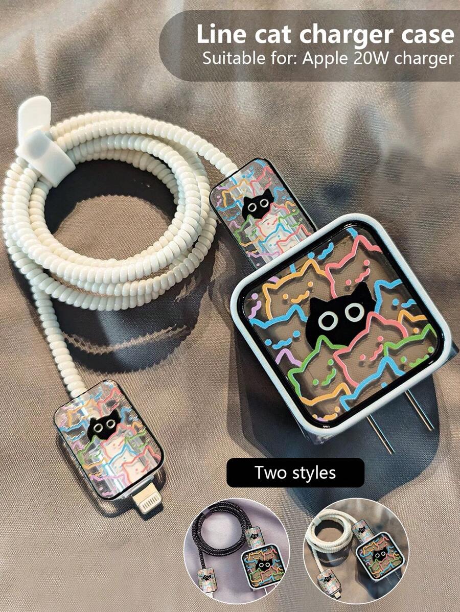 5pcs Cute Cartoon Line Cat Design Charging Protector Case, Compatible With Apple 18W/20W Charger Cable Protector, Charger Protector